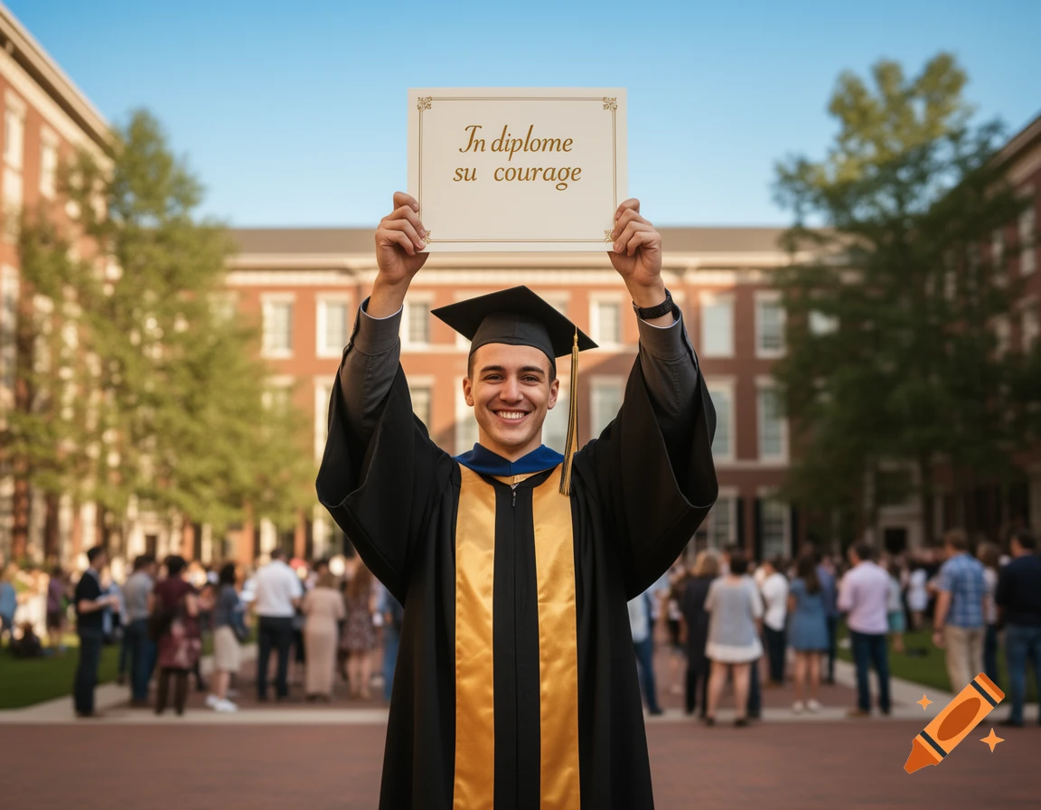 A smiling male graduate in black cap and gold-striped gown holds a sign reading 'Jn diplome su courage' on a college campus.