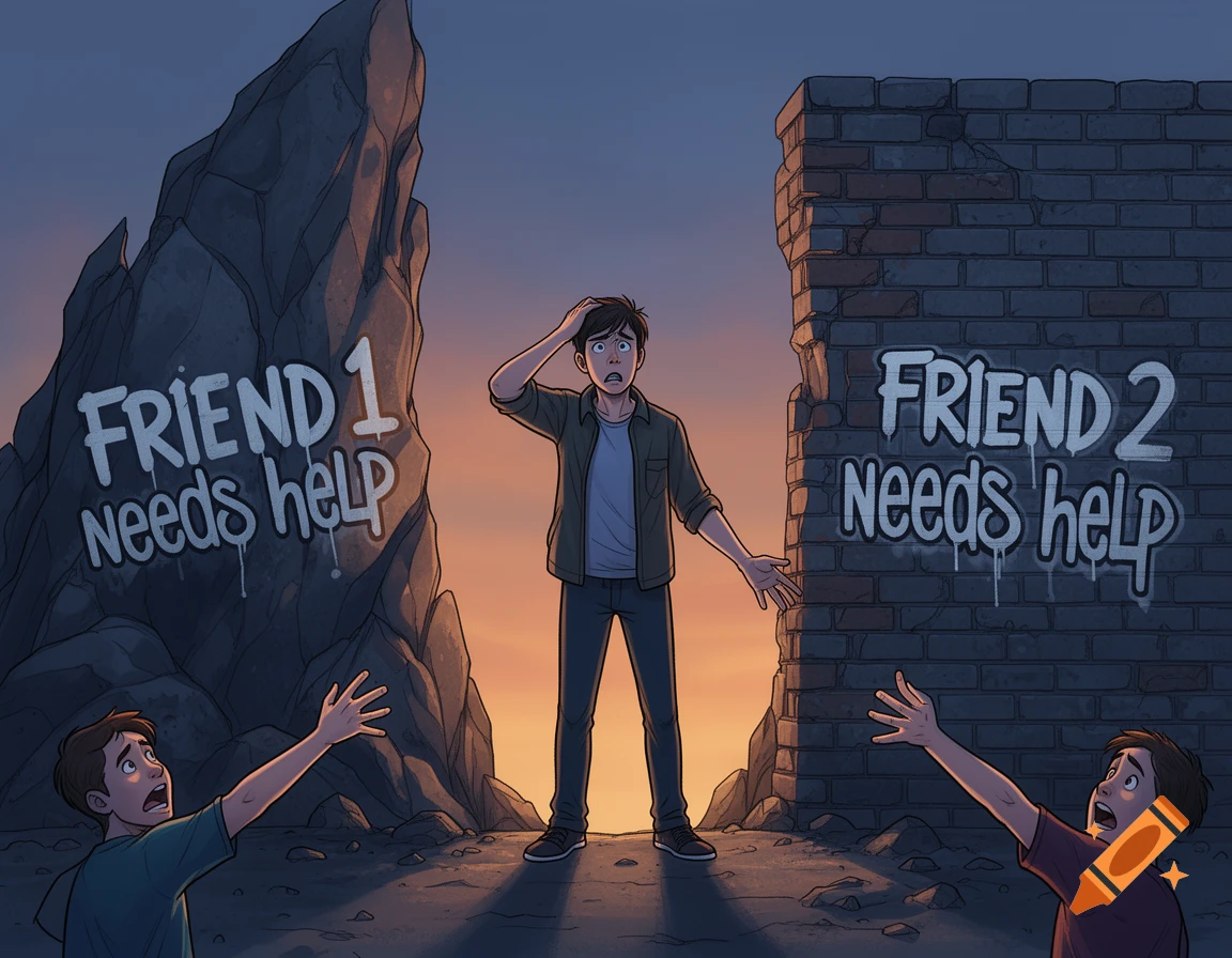A worried man stands between a rock and a brick wall, both labeled with "Friend needs help", as two friends reach out. Comic art style.