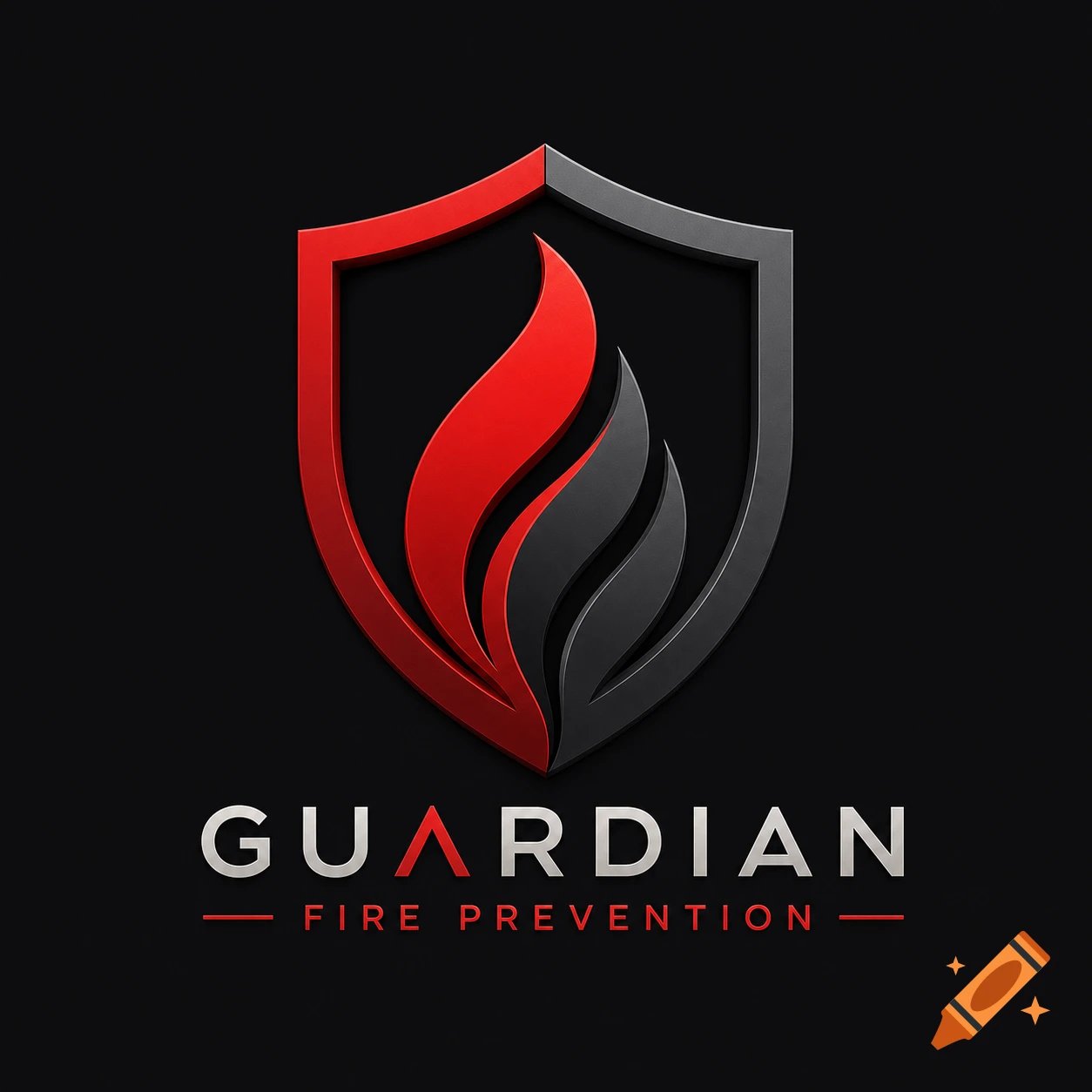 A modern 3D rendered logo featuring a shield with red and grey flame-like elements, above the text 'GUARDIAN FIRE PREVENTION'.