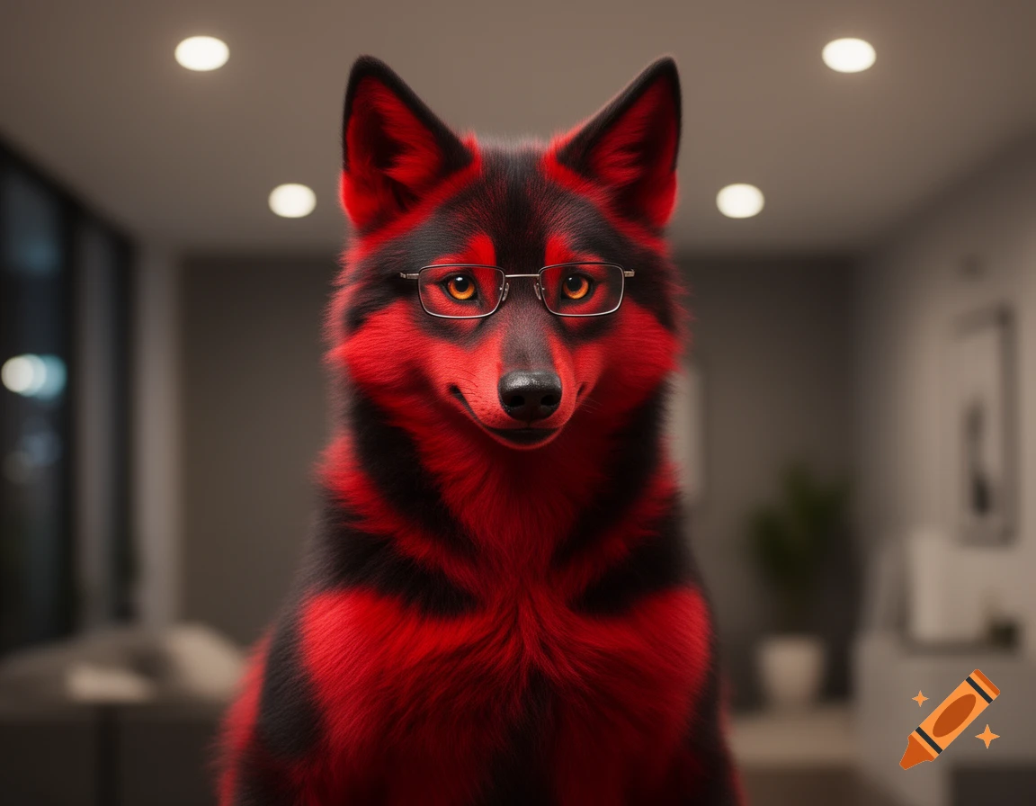 A red and black furry wolf-like creature wearing small rectangular glasses, looking directly at the viewer in a softly lit room.