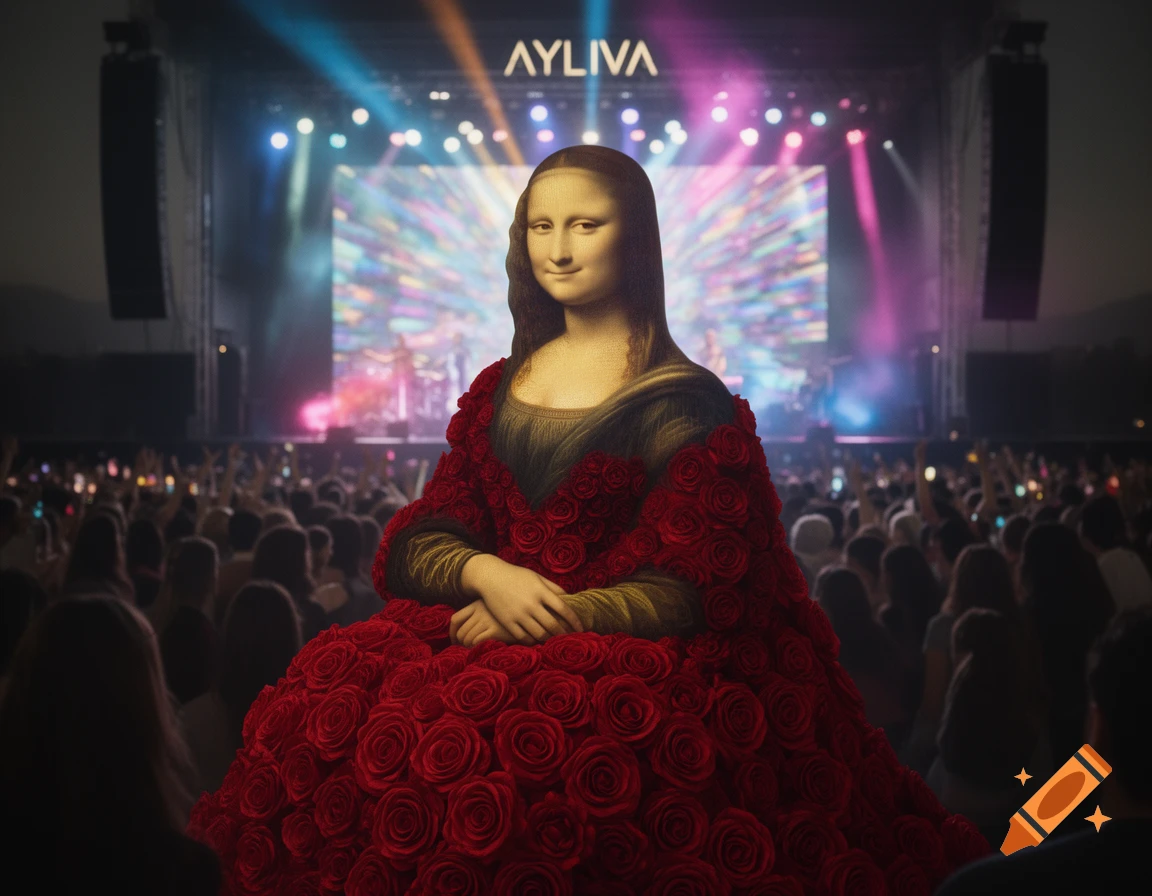 Mona Lisa in a voluminous red rose dress, standing at a lively outdoor music concert with a brightly lit stage and a crowd.