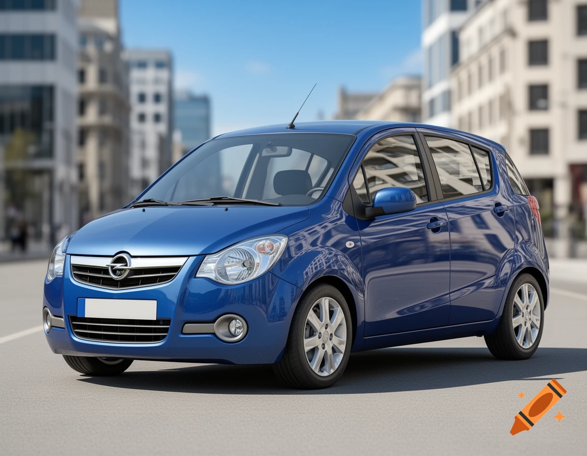 A blue Opel Agila A hatchback car parked on a city street with blurred buildings in the background.