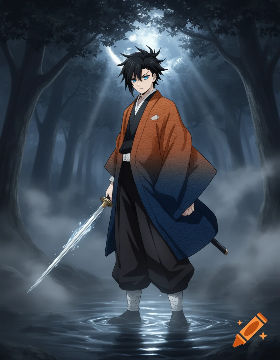 Anime illustration of Giyu Tomioka standing in a dark, misty forest with water at his feet, holding a glowing sword.