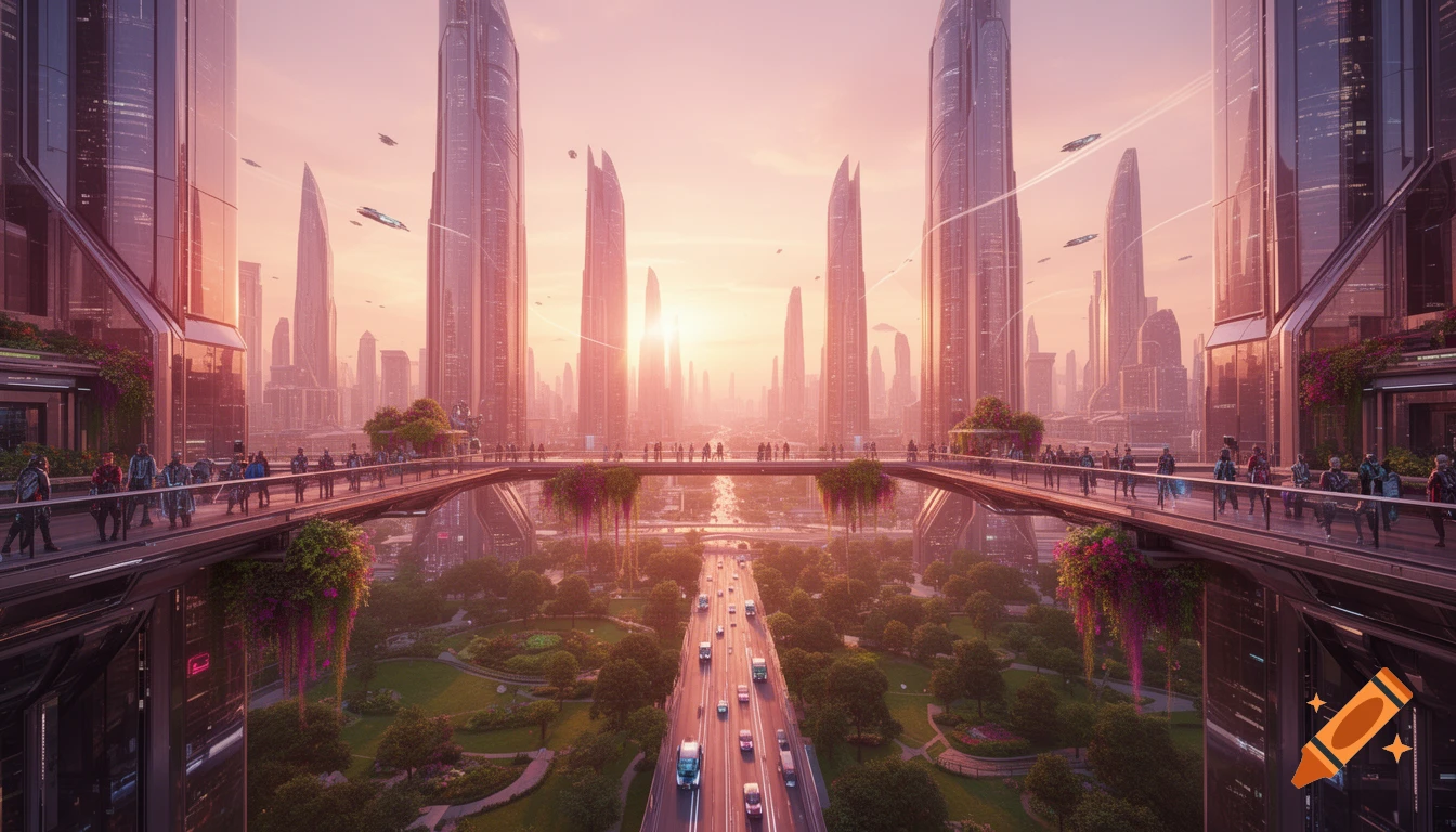 A vibrant futuristic cityscape at sunrise with tall glass skyscrapers, elevated pedestrian walkways, and a busy highway through green parks, under a pink sky.