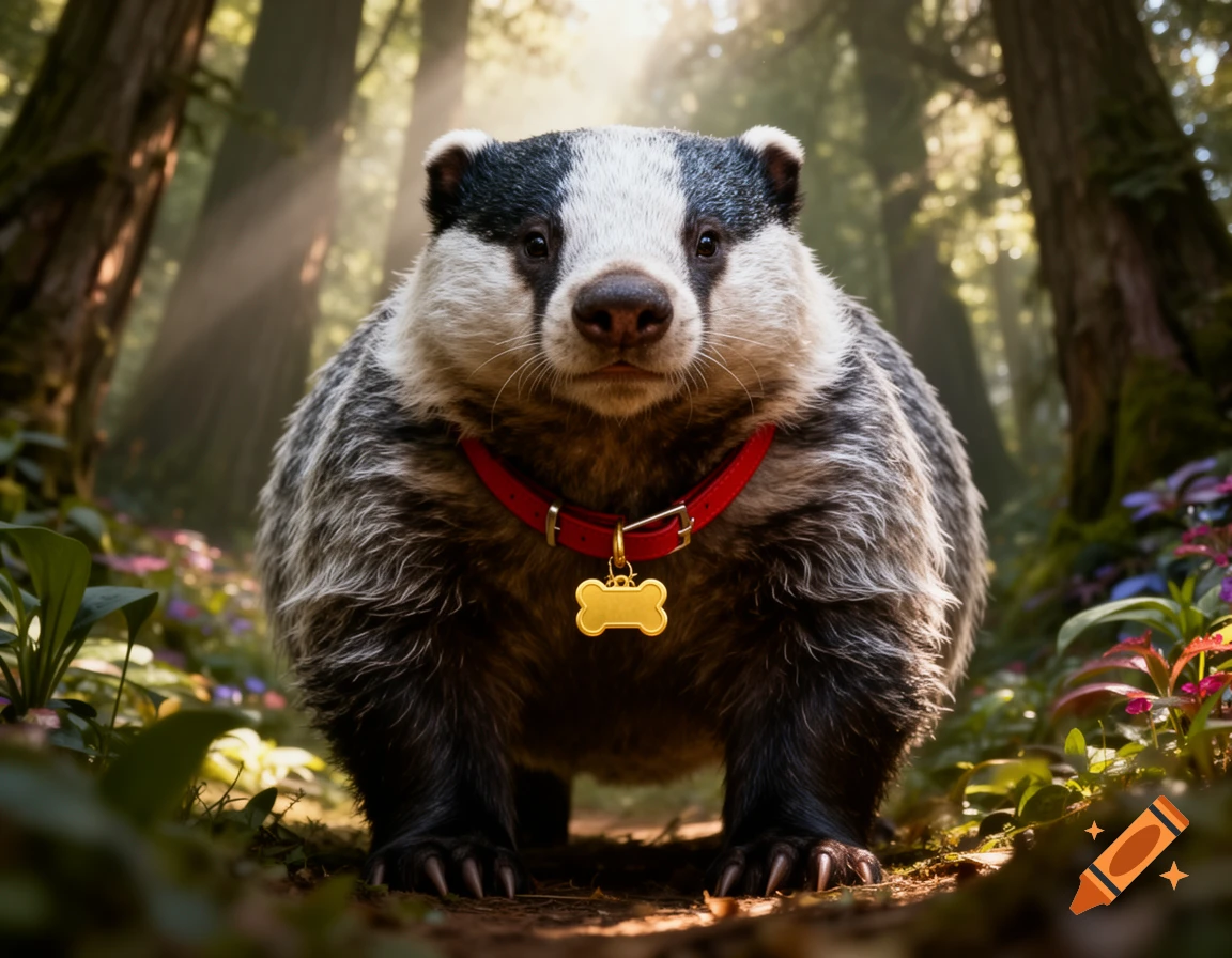 A photorealistic giant badger with a red collar and a golden bone tag stands on a forest path, looking forward.
