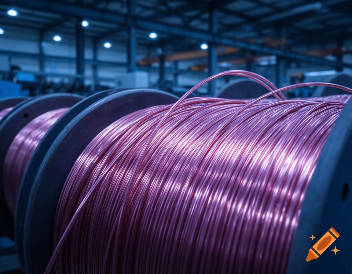 Close-up of bright purple-red copper wire spooled on large reels in an industrial factory with blue lighting.