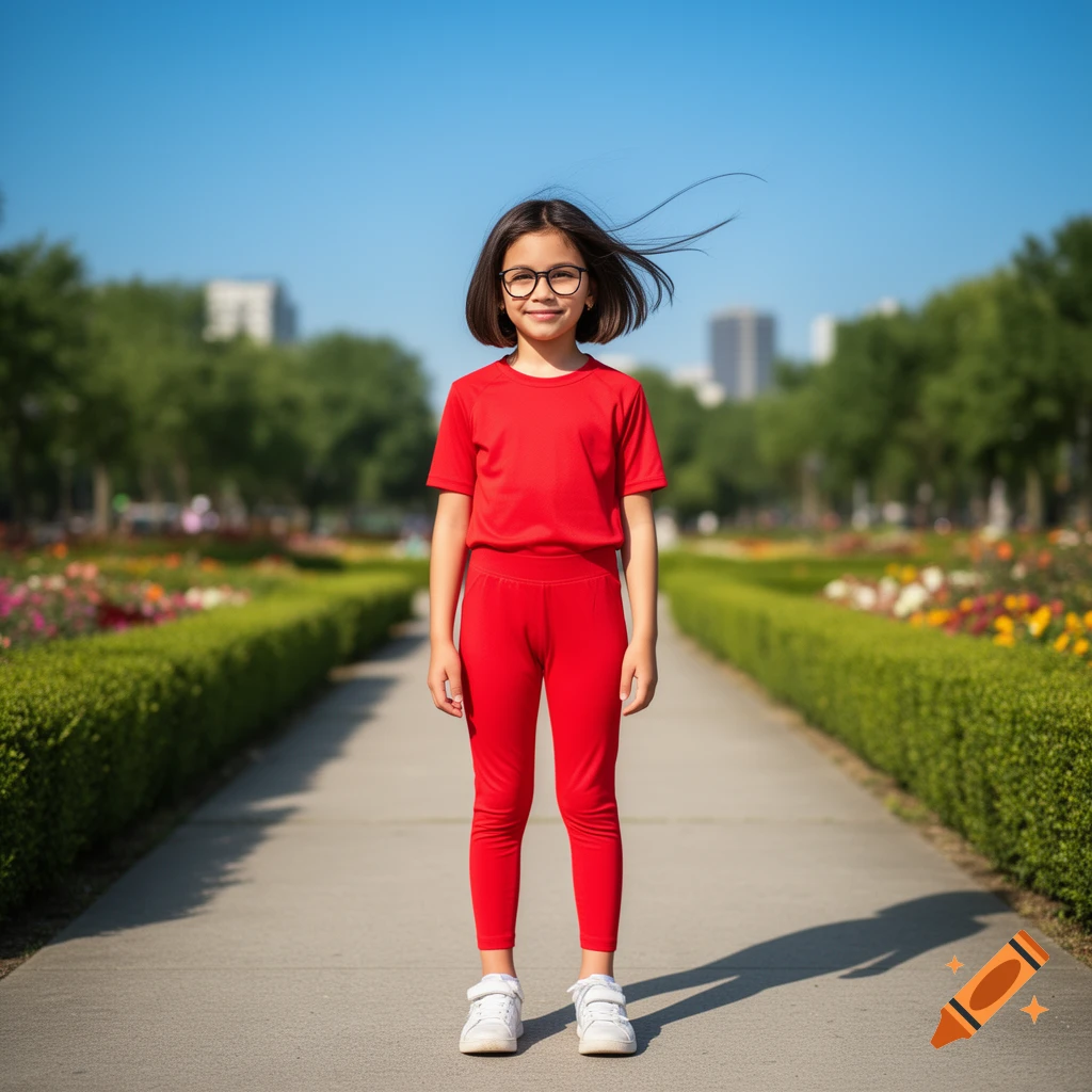 A young girl with dark hair and glasses in a red tracksuit stands on a path in a sunny park with green hedges and flowers.