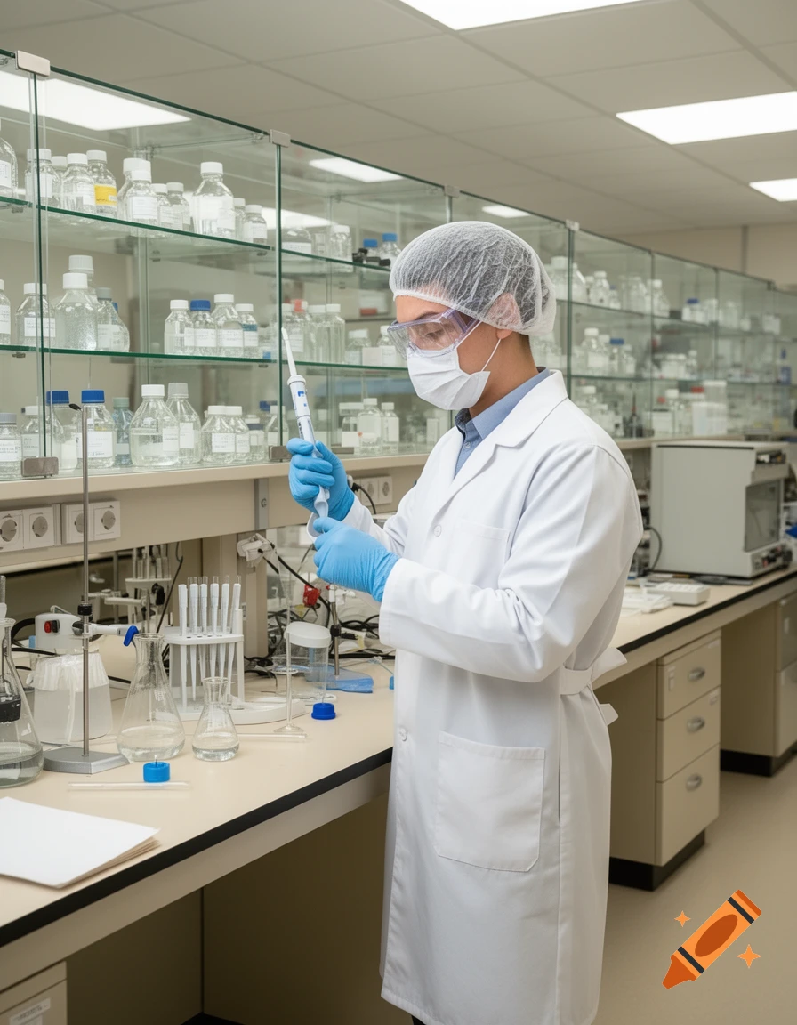 A scientist in a lab coat, safety goggles, mask, and hairnet uses a pipette with beakers in a clean laboratory setting.