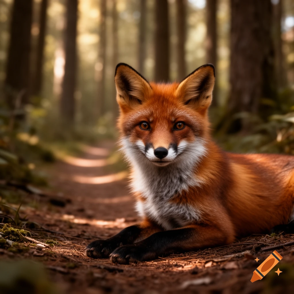 A photorealistic red fox with black paws lies on a dirt path in a sunlit forest, looking at the viewer.