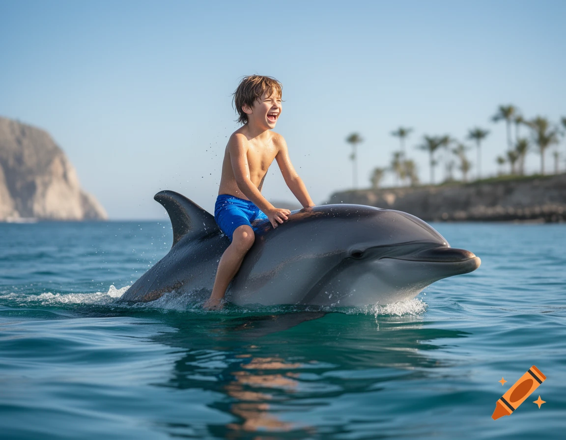 A smiling boy in blue shorts rides a dolphin in the clear blue ocean. Coastal landscape with palm trees under a sunny sky.