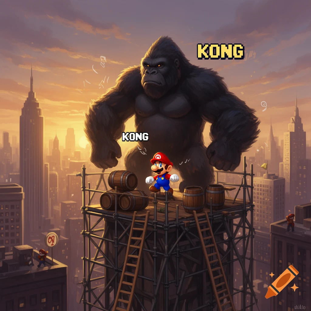 A giant gorilla stands on a skyscraper with Mario on a construction platform in a city at sunset, with pixelated 'KONG' text.