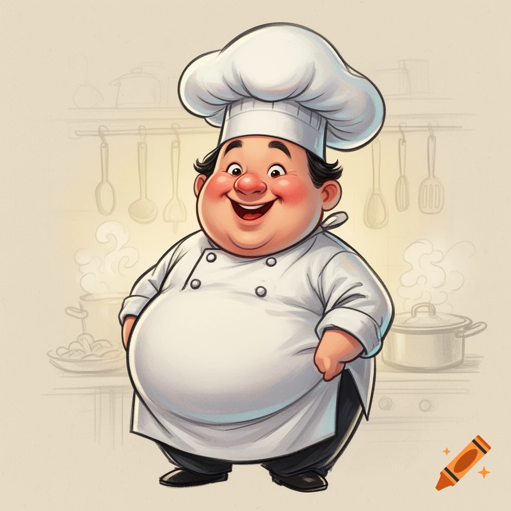 A cheerful, stout cartoon chef wearing a tall white hat and apron, smiling in a kitchen with sketched utensils and pots.