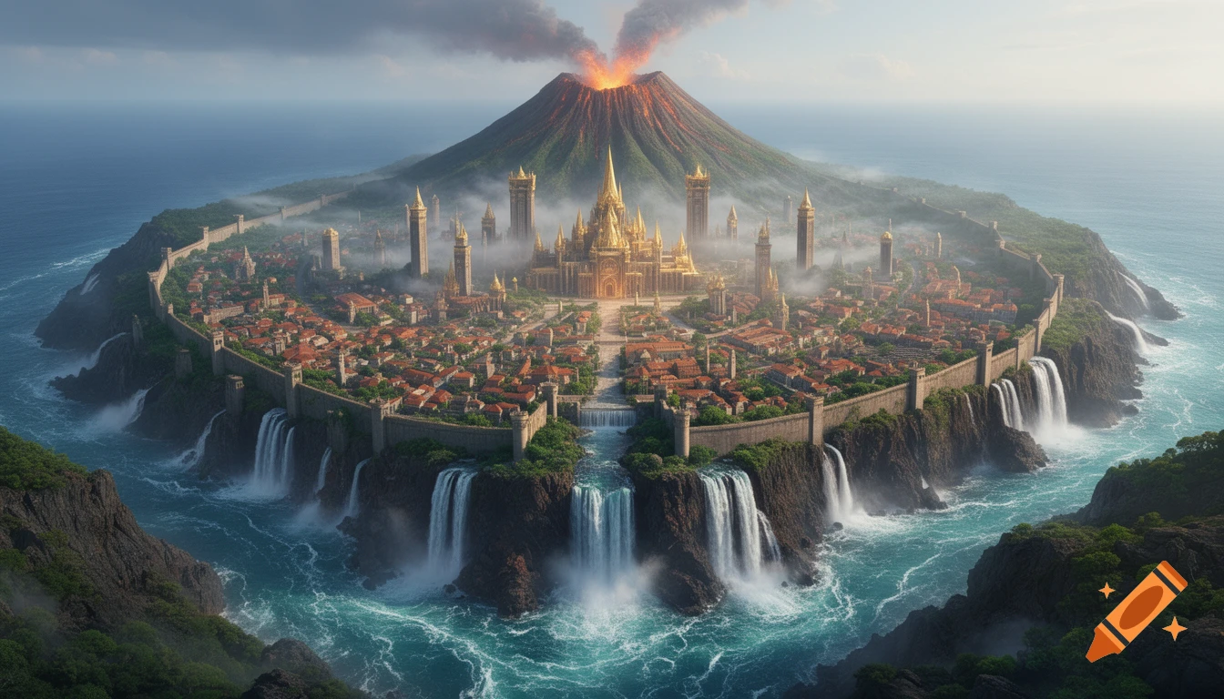 A majestic walled city with a golden palace and towers on a volcanic island, surrounded by numerous waterfalls flowing into the ocean.