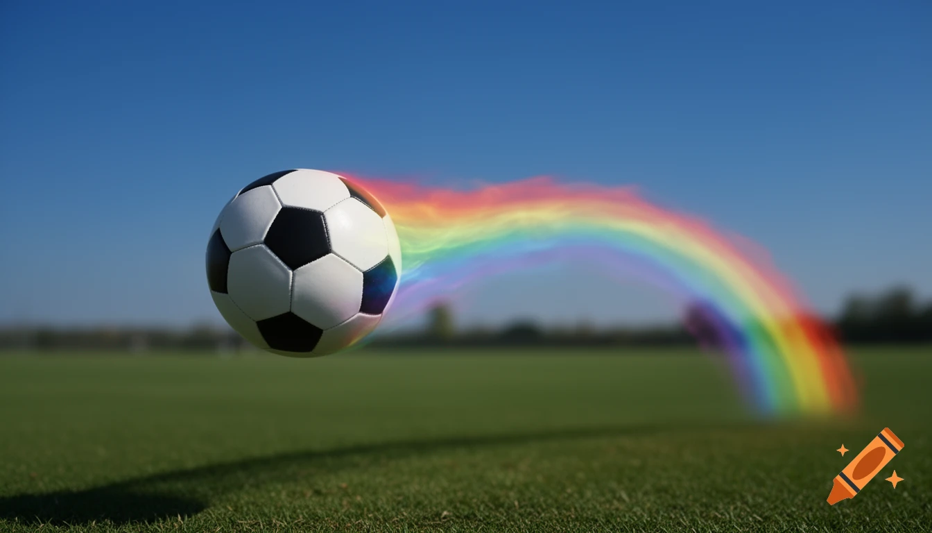 A white and black soccer ball in mid-air leaving a vibrant rainbow trail across a green field and blue sky.