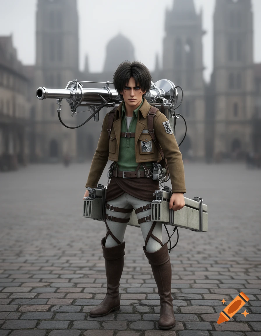 A stoic Eren Yeager from Attack on Titan stands on a cobblestone street, wearing ODM gear with a large cannon, blurred gothic buildings in the background.