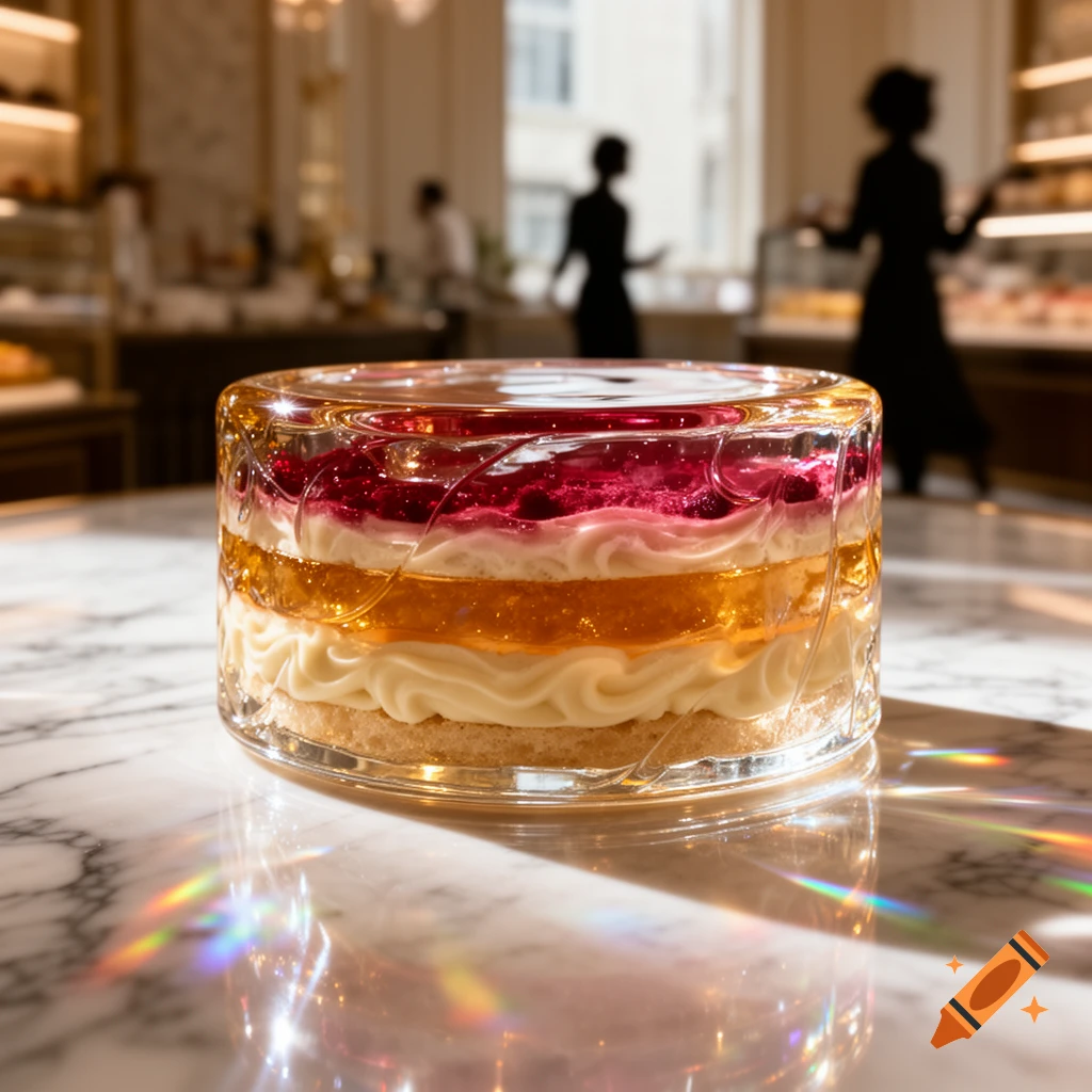 A glistening glass cake with vibrant red, orange, and white layers sits on a marble table in a bright bakery.