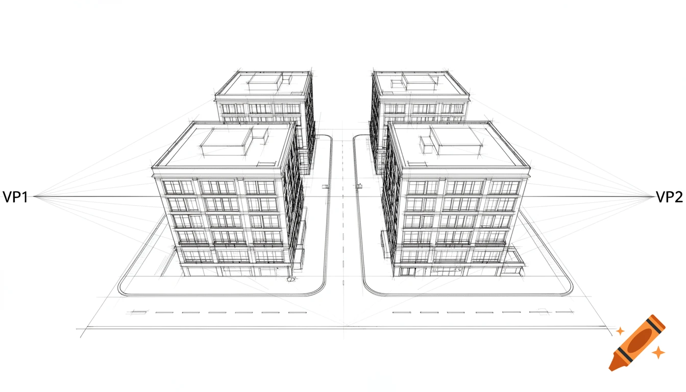 Technical architectural drawing of four buildings in two-point perspective with vanishing points VP1 and VP2 labeled.