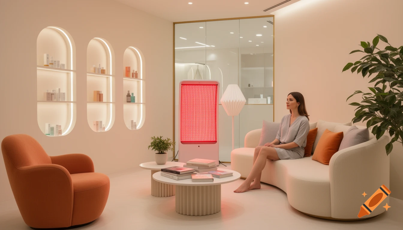 Photorealistic shot of a woman sitting on a curved sofa in a modern minimalist skincare clinic with a red light therapy device and product shelves.