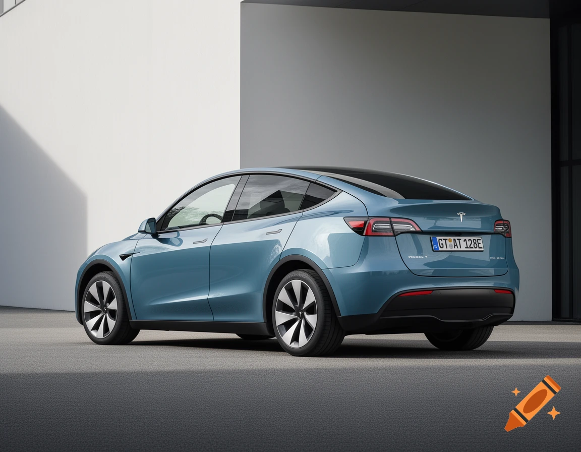 A blue Tesla Model Y is parked with its rear three-quarter view visible, against a modern white building in a photorealistic style.