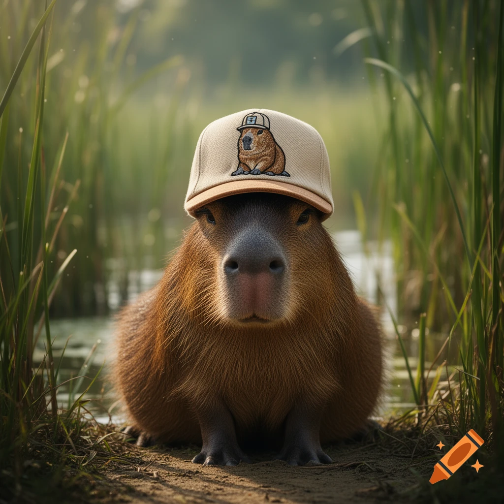 Photorealistic capybara sitting on dirt, looking forward, wearing a beige baseball cap with an embroidered capybara wearing a cap.