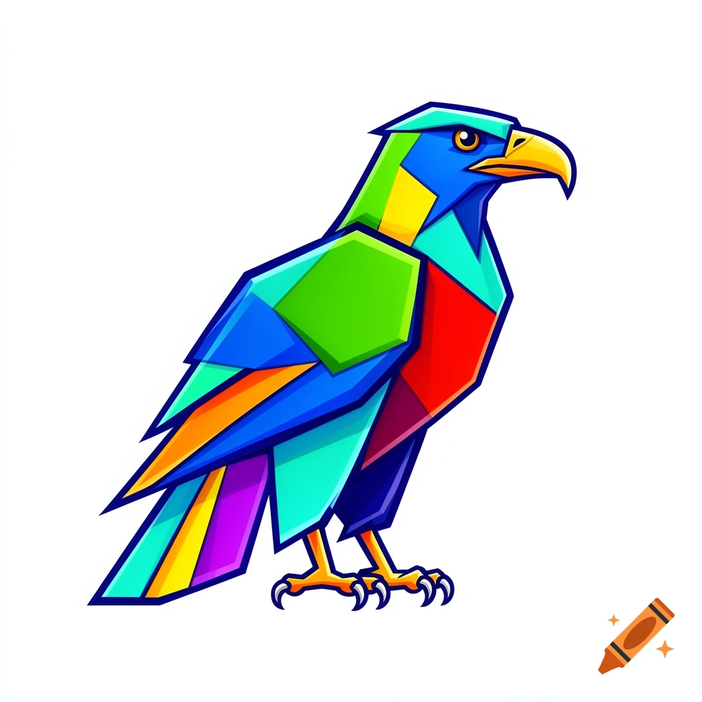 A colorful geometric eagle illustration with blue outlines, featuring vibrant blue, green, yellow, red, orange, and purple hues on a white background.