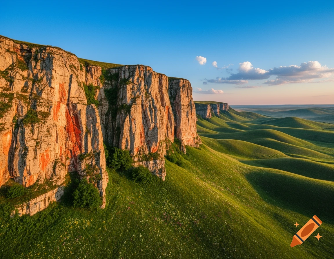 A photorealistic landscape featuring a grand, sunlit cliff face rising above a vast expanse of rolling green hills under a clear blue sky.