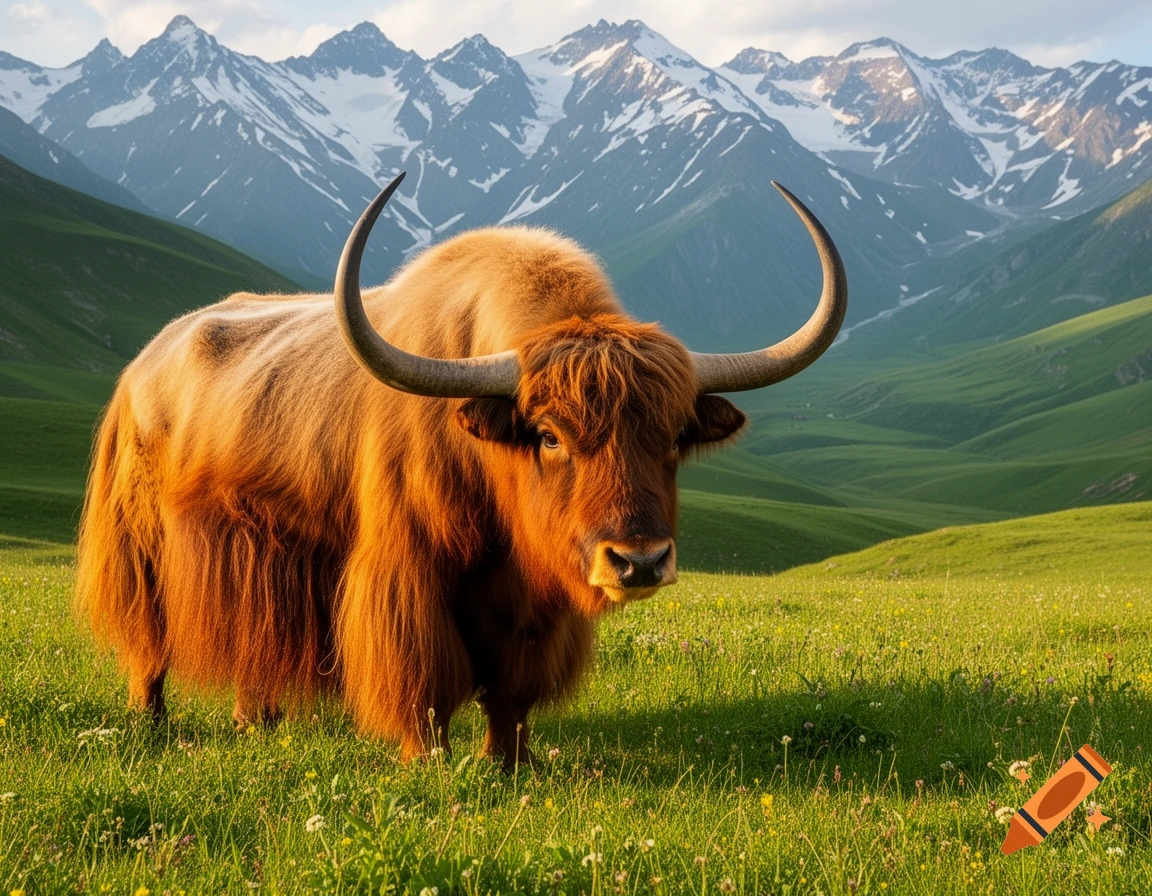 A photorealistic brown yak with large horns and long fur stands in a green mountain pasture with snow-capped peaks.