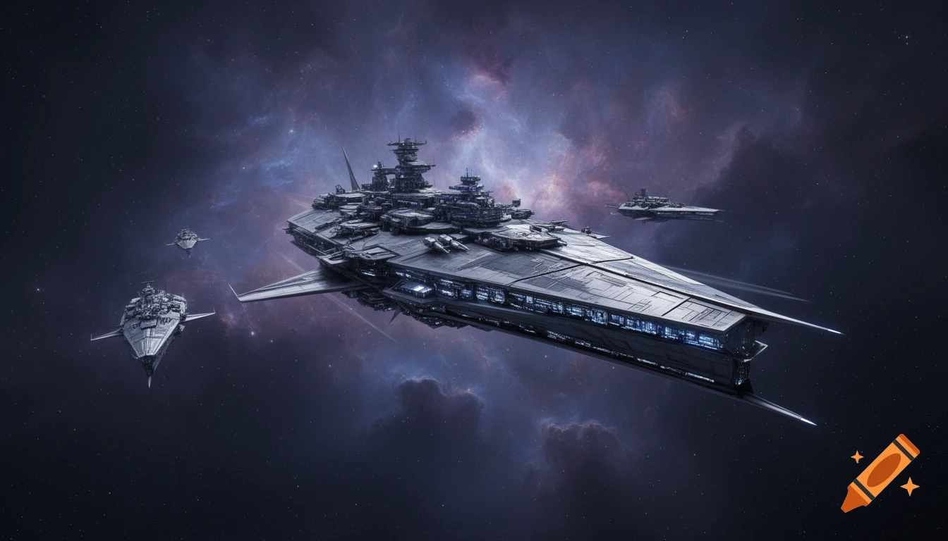A large, detailed space battlecruiser surrounded by smaller spacecraft, set against a dark, star-filled nebula.