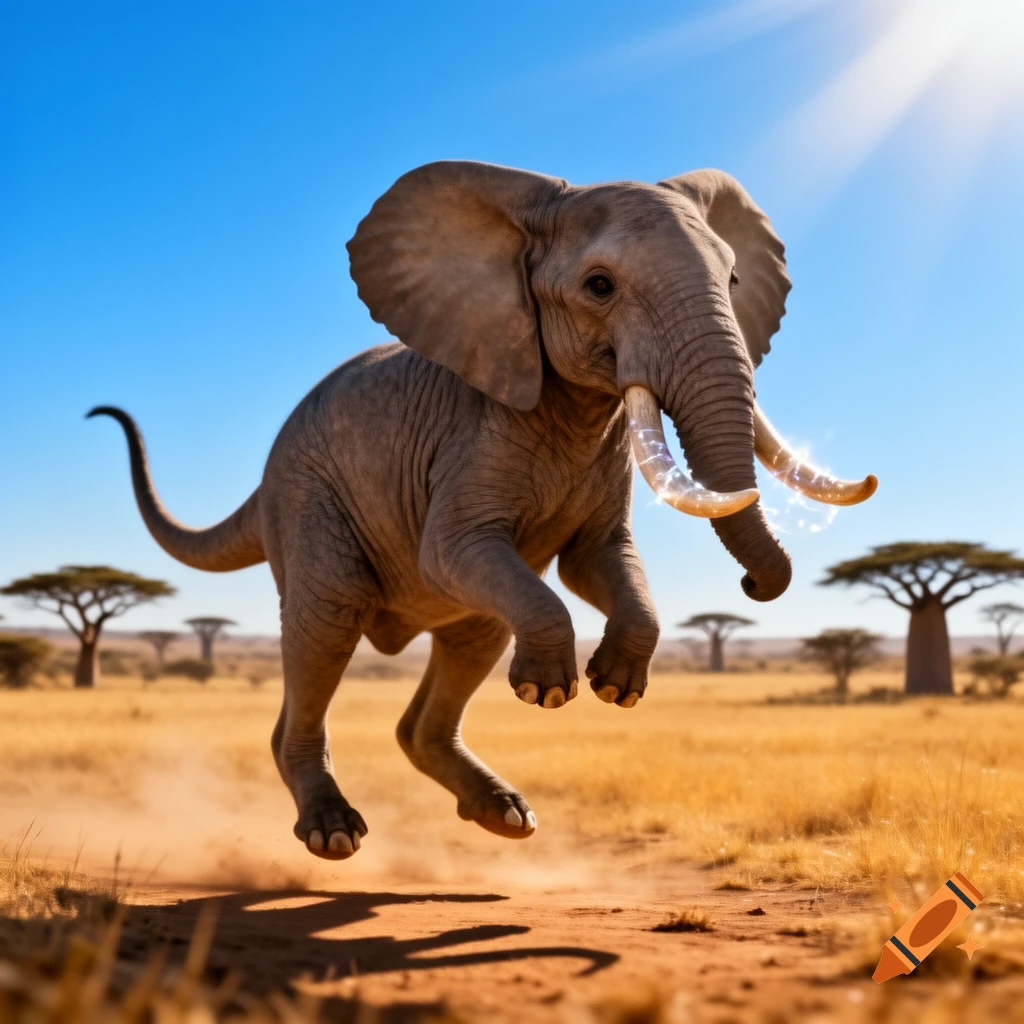 A photorealistic elephant-kangaroo hybrid animal with glowing tusks leaps across a dry savanna under a bright blue sky.