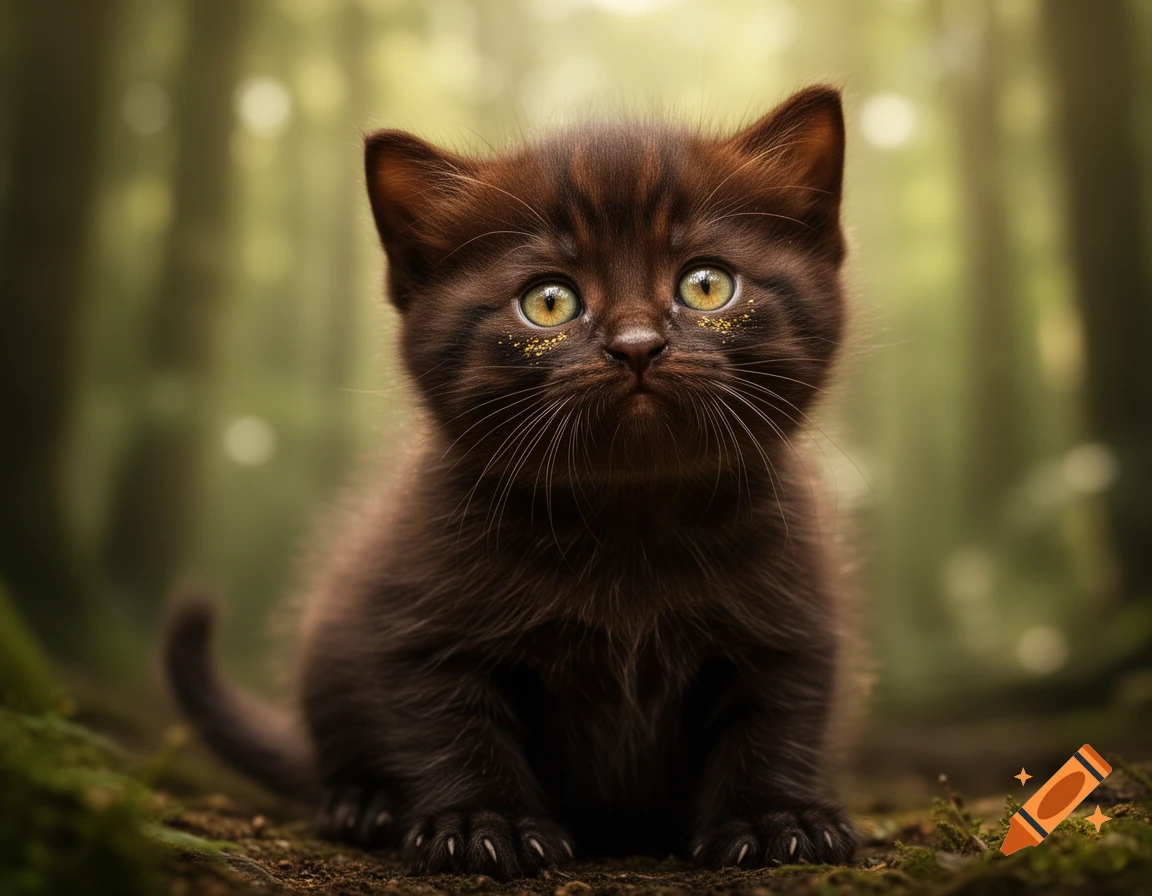 Photorealistic dark brown kitten with large green eyes and subtle gold sparkles, sitting in a soft-focus forest.