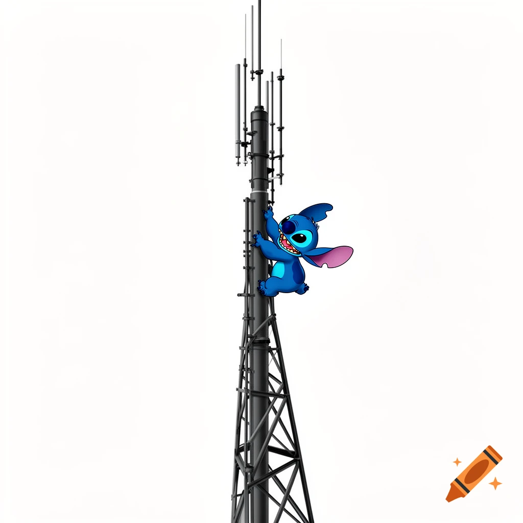 A blue alien character, Stitch, is cheerfully climbing a tall, dark gray telecommunications tower against a plain white background.