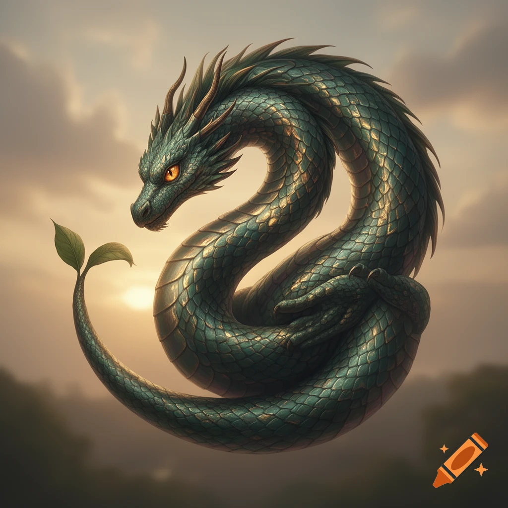 A green-scaled dragon coiled with a leafy tail against a soft, cloudy sunset sky.