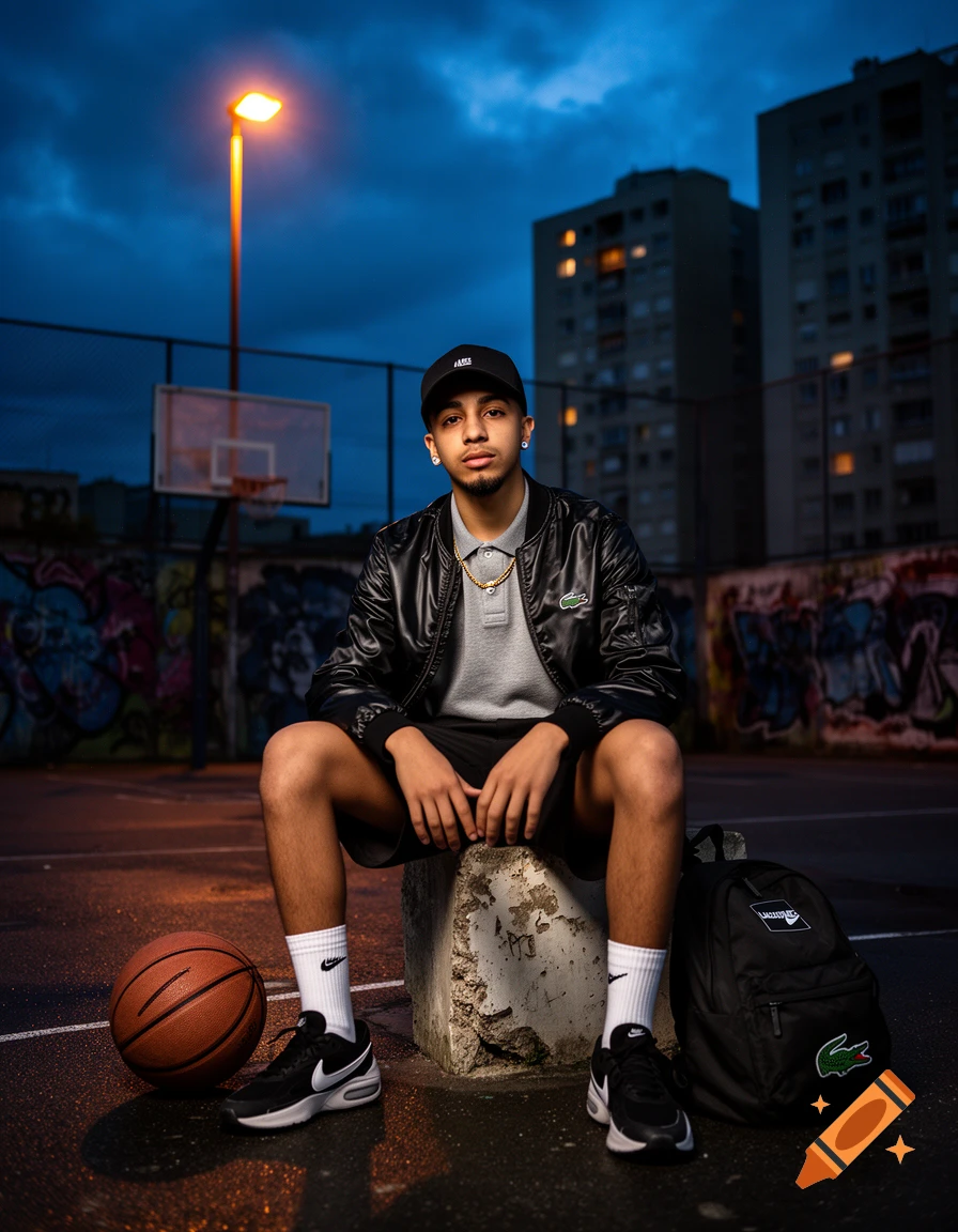 Photorealistic portrait of a French-Moroccan teenager in streetwear, sitting on a concrete block at a wet urban basketball court at dusk.