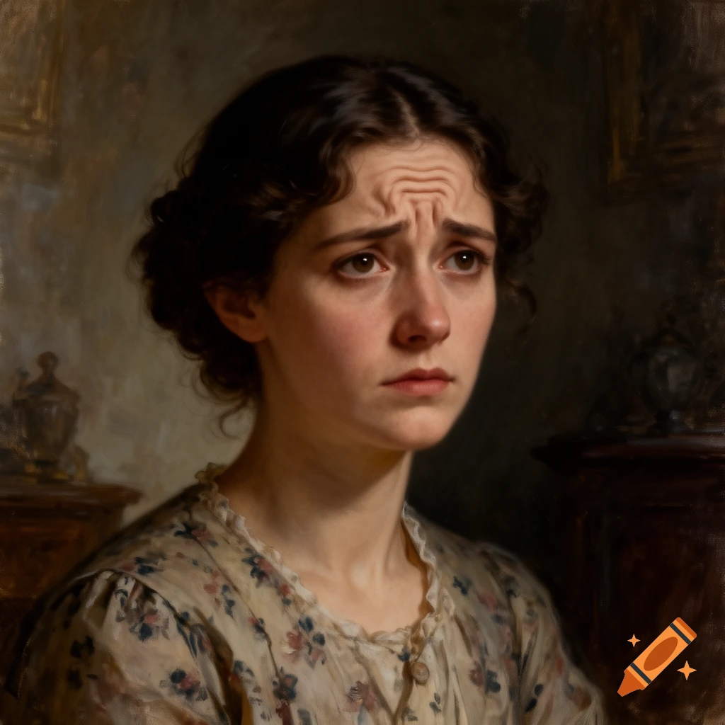A worried woman with dark hair in a classical oil painting style, wearing a floral dress, looks off to the side with furrowed brows.