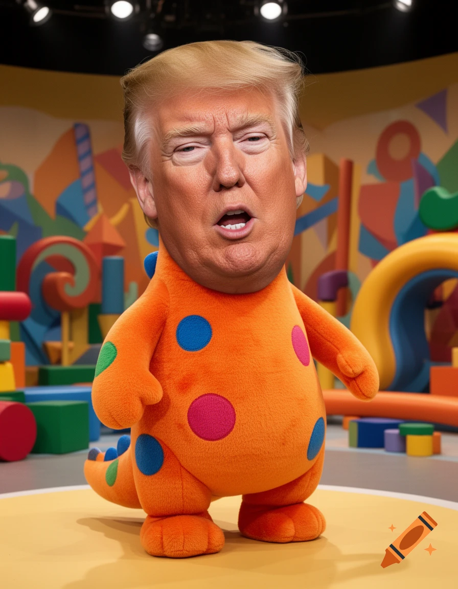 Donald Trump's face on a vibrant orange, polka-dotted dinosaur character in a colorful playroom.