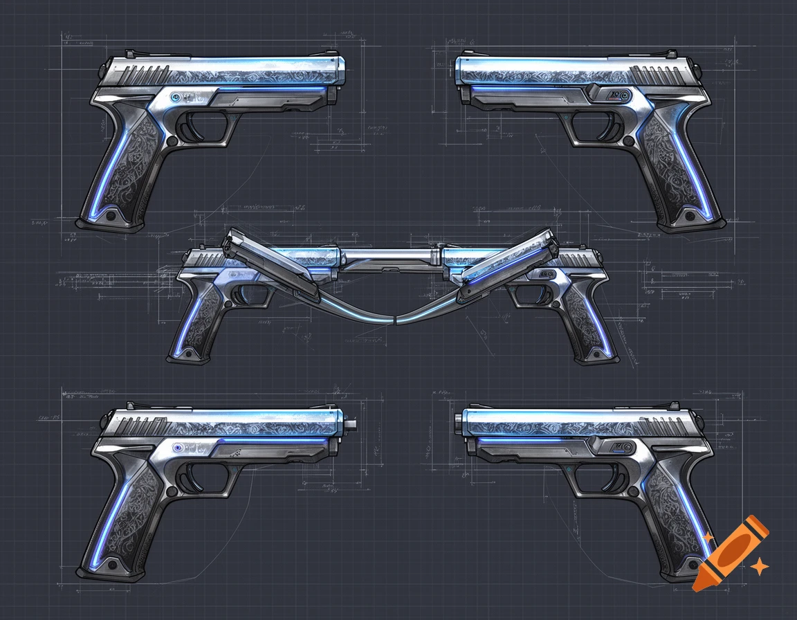 Multiple views of futuristic, glowing blue pistols with ornate grips on a dark blueprint background, in a concept art style.