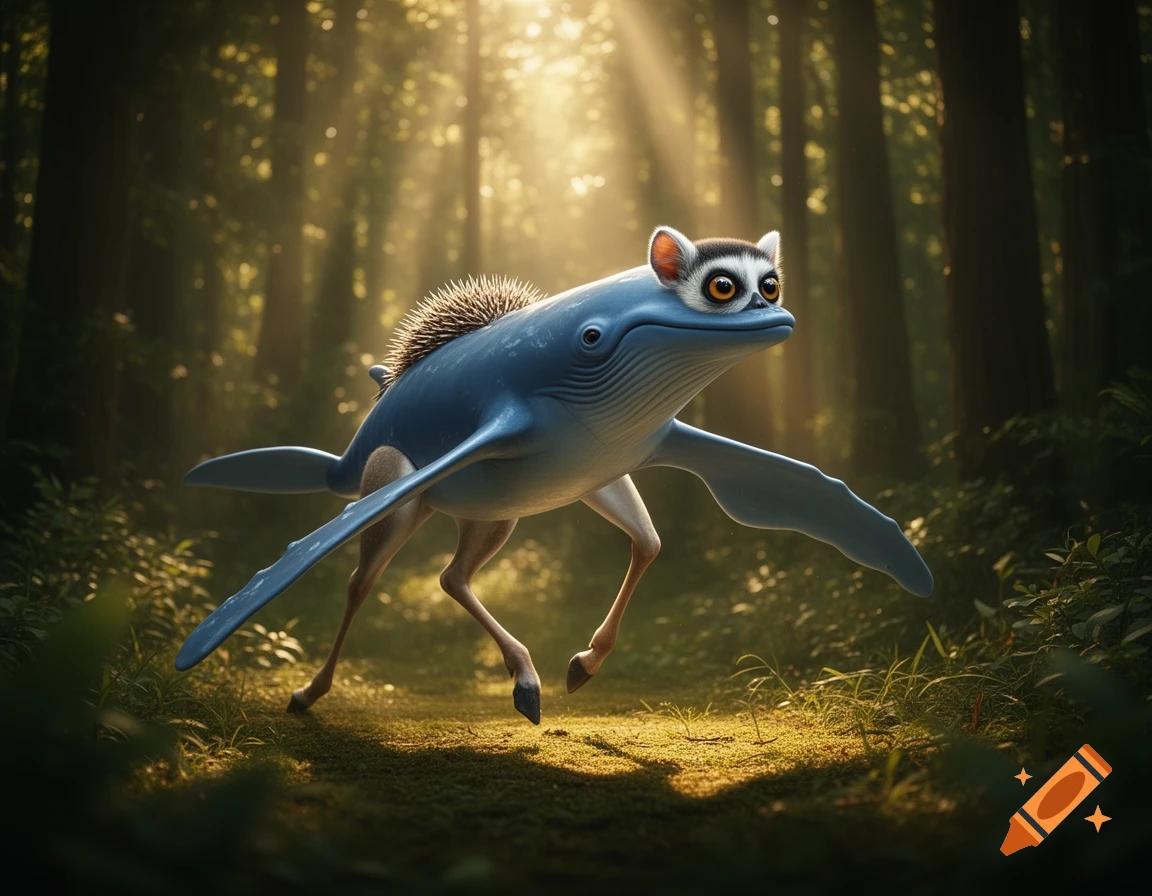 A whimsical creature with a lemur head, whale body, hedgehog quills, and deer legs walks through a sunlit forest.