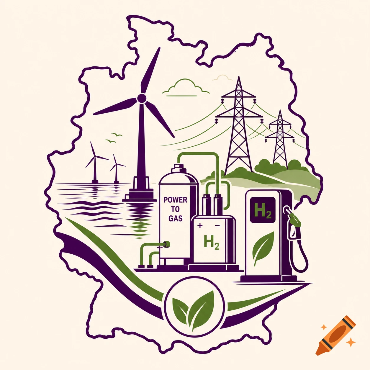 Stylized illustration depicting renewable energy infrastructure like wind turbines, power-to-gas, and hydrogen within Germany's outline.