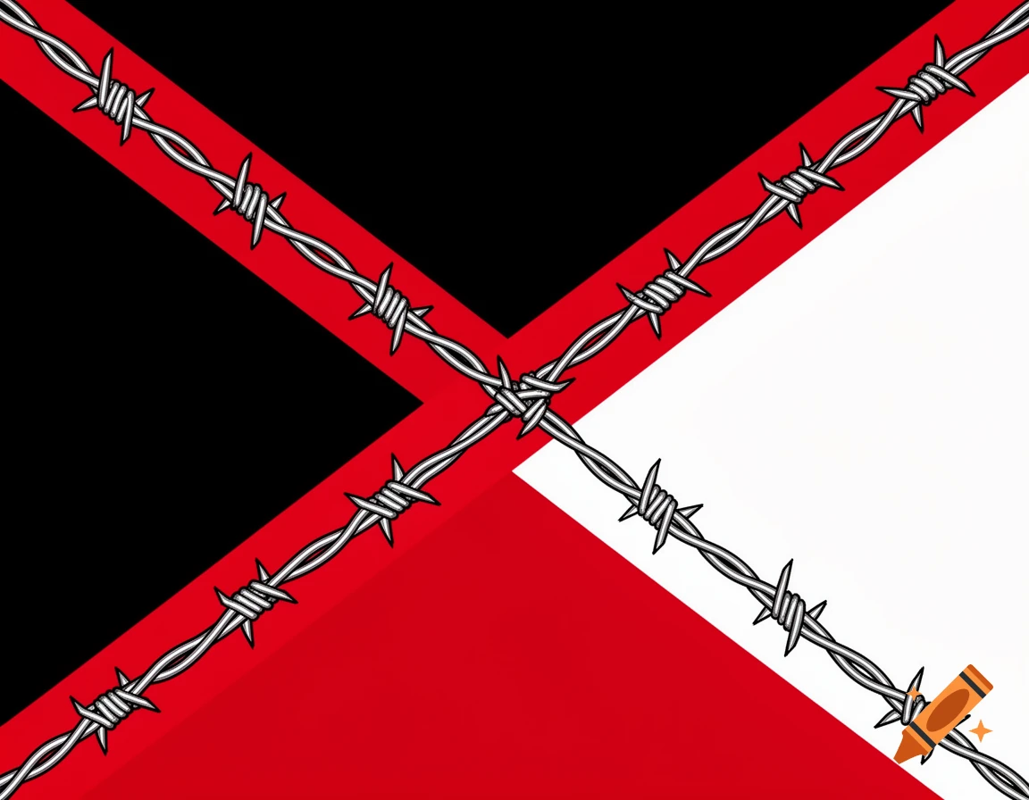 A geometric flag design with red, black, and white sections, crossed by two strands of metallic barbed wire forming an X.