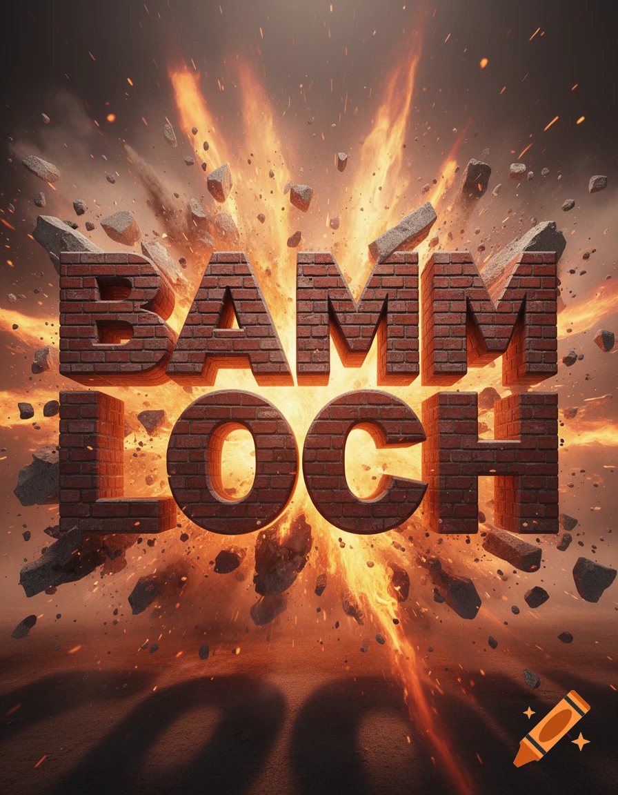 3D brick letters spelling "BAMM LOCH" erupting from a fiery explosion with flying debris.