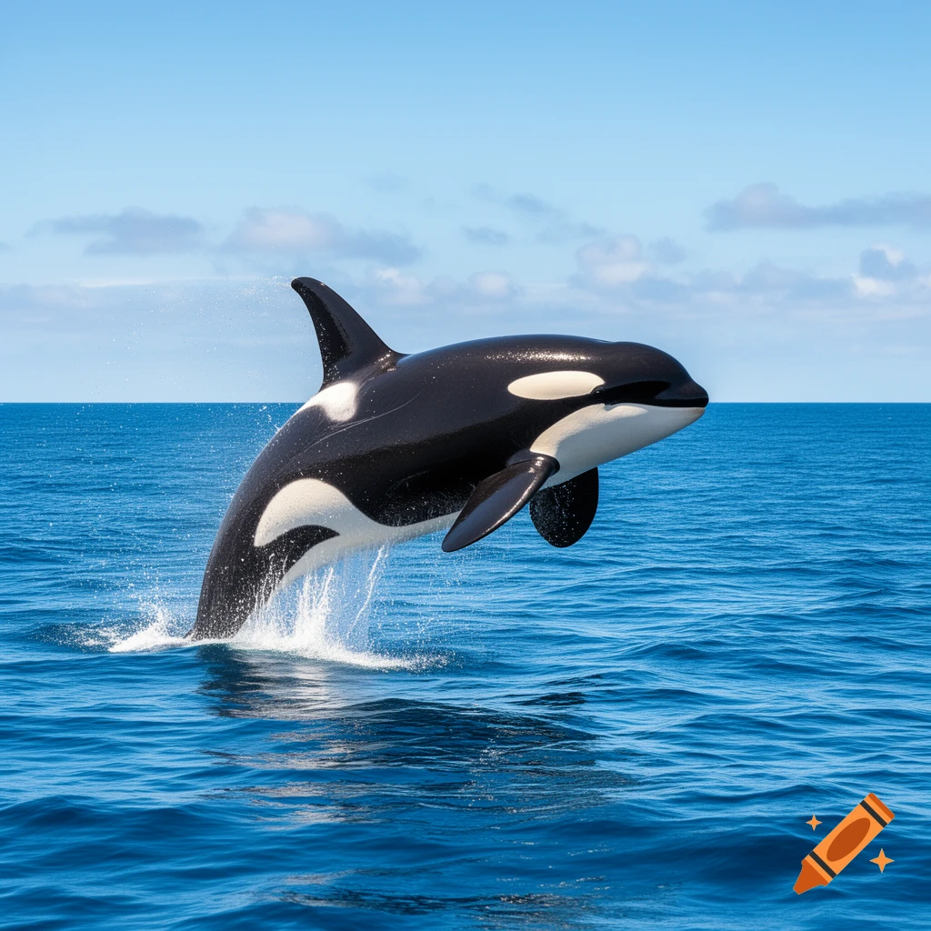 A majestic black and white orca leaps high out of the deep blue ocean, creating a large splash, under a clear sky.