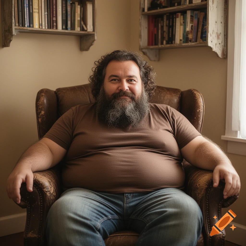 A man with curly hair and a full beard sits in a brown leather armchair, smiling slightly. Bookshelves are visible in the background.