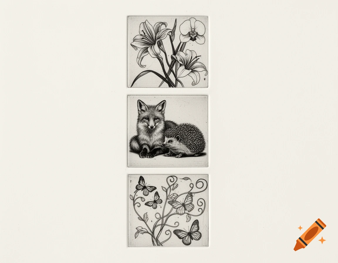Three stacked black and white etchings: lilies and an orchid, a fox and hedgehog, and butterflies on a vine.