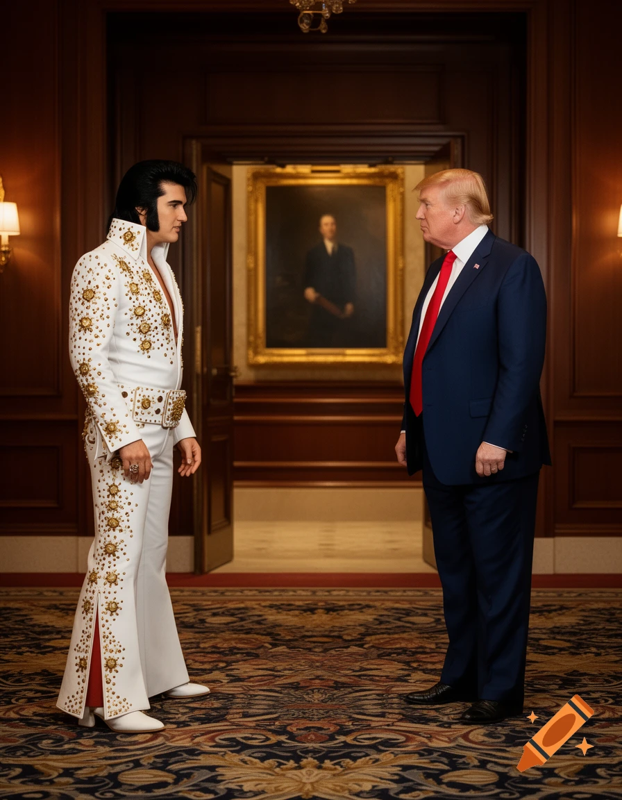 Photorealistic image of an Elvis impersonator in a white jumpsuit meeting Donald Trump in a suit in a grand room.