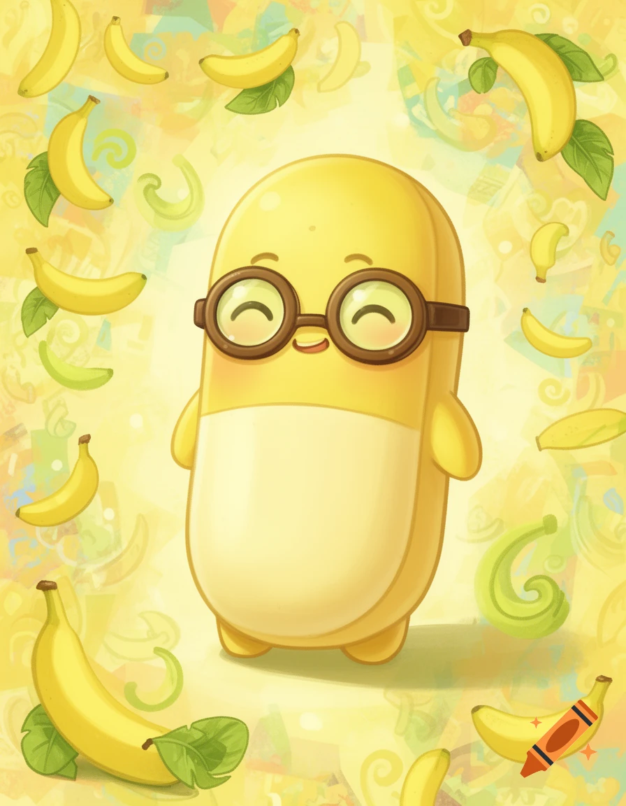 A cute yellow pill-shaped creature with goggles smiles among floating bananas in a whimsical yellow background.