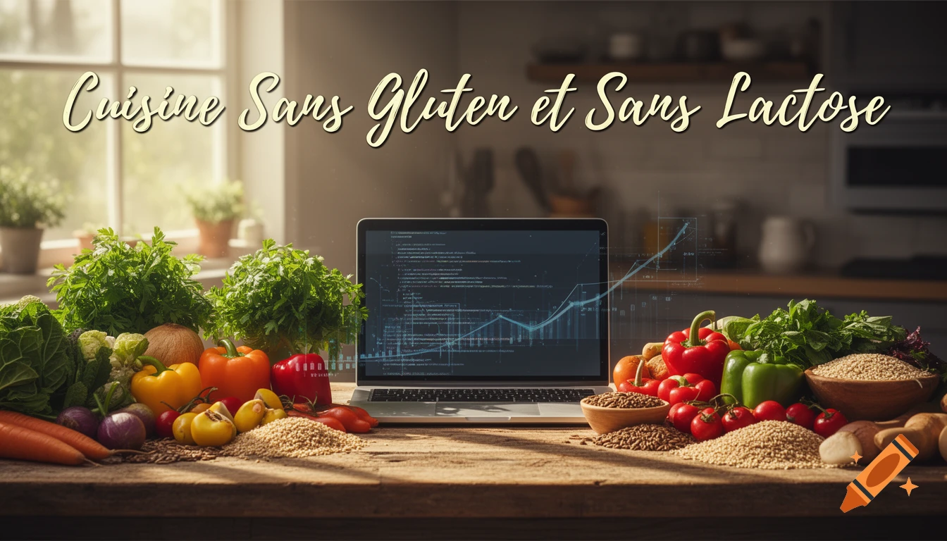 A kitchen countertop with fresh vegetables, grains, and a laptop, with "Cuisine Sans Gluten et Sans Lactose" text above.