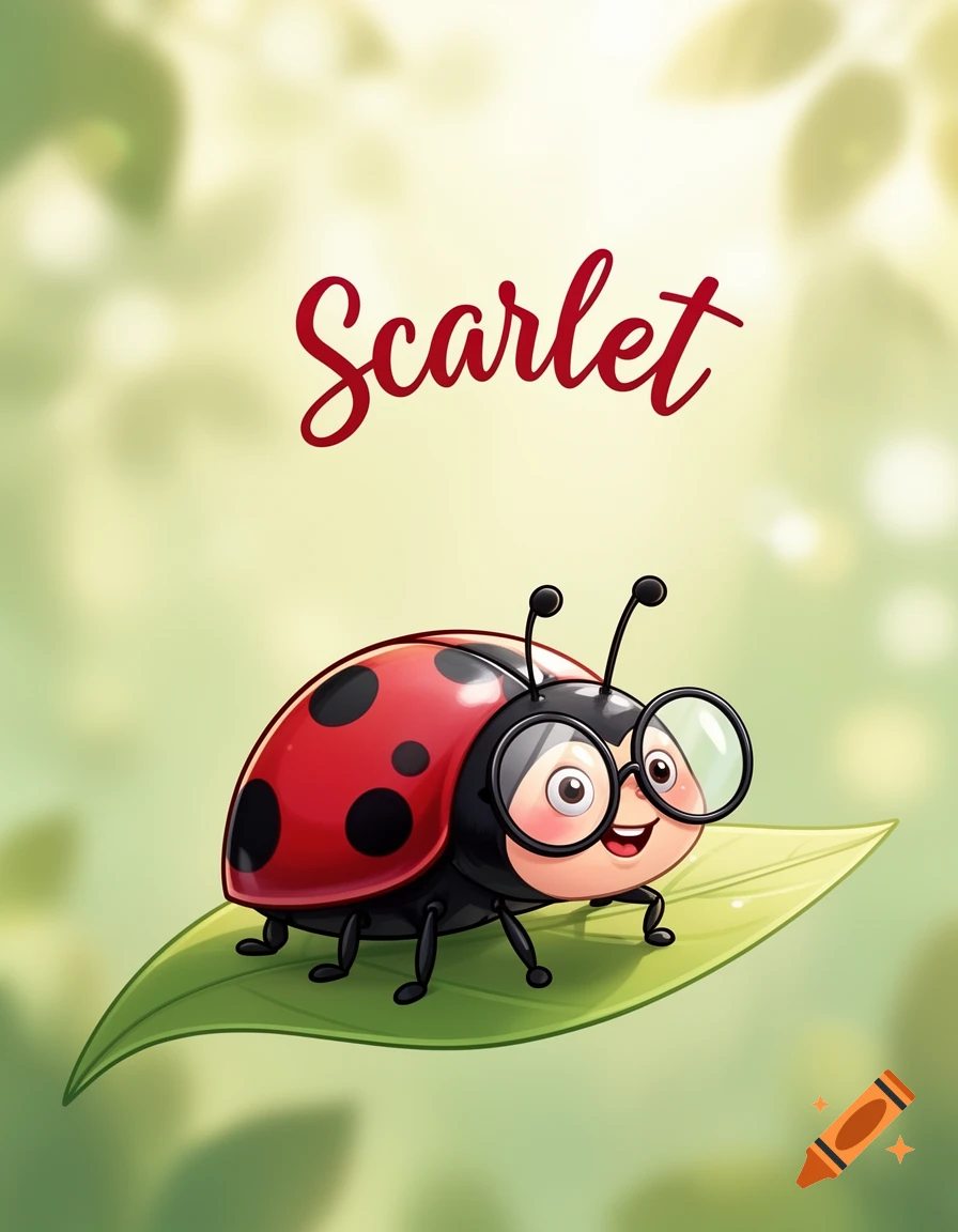 A cute cartoon ladybug with glasses stands on a green leaf, with the word "Scarlet" written in red above it.