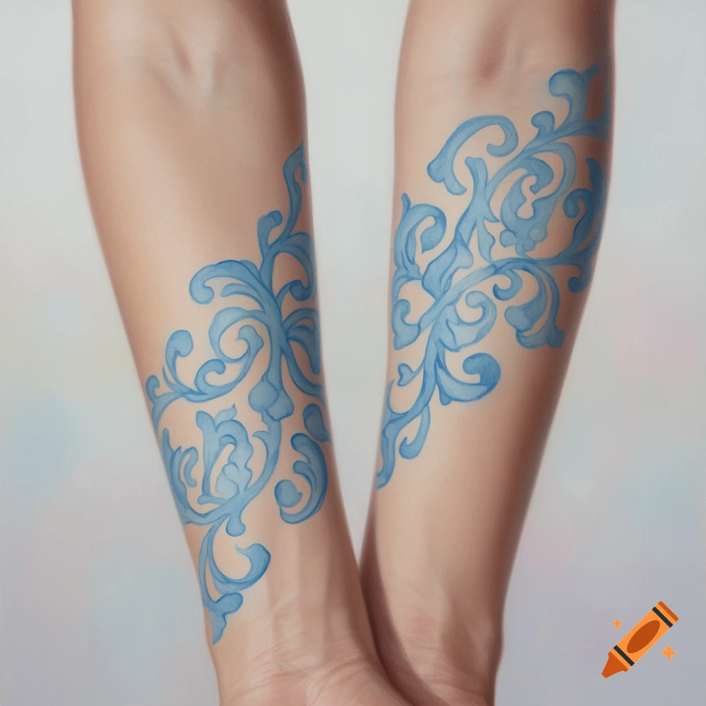 Two human forearms adorned with intricate blue swirling patterns, resembling body paint or a tattoo, against a light background.