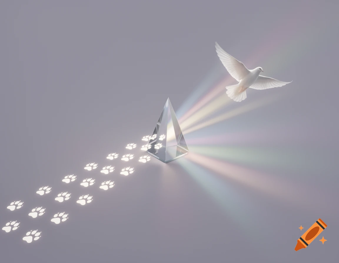 White paw prints flow into a glass prism that refracts light into a rainbow, transforming into a white dove in flight.