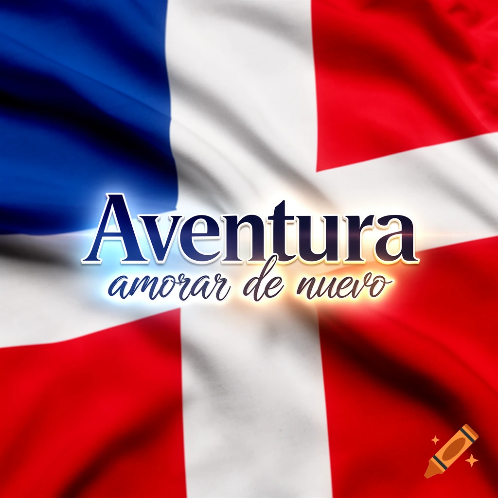 A waving Dominican Republic flag with "Aventura" in large blue text and "amorar de nuevo" in smaller gold text below, both with glowing outlines.